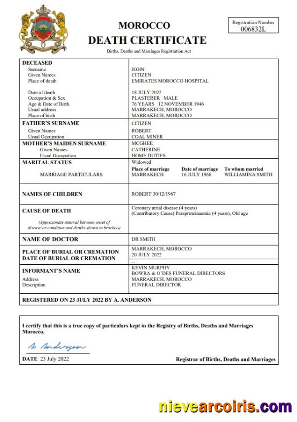 Morocco vital record death certificate